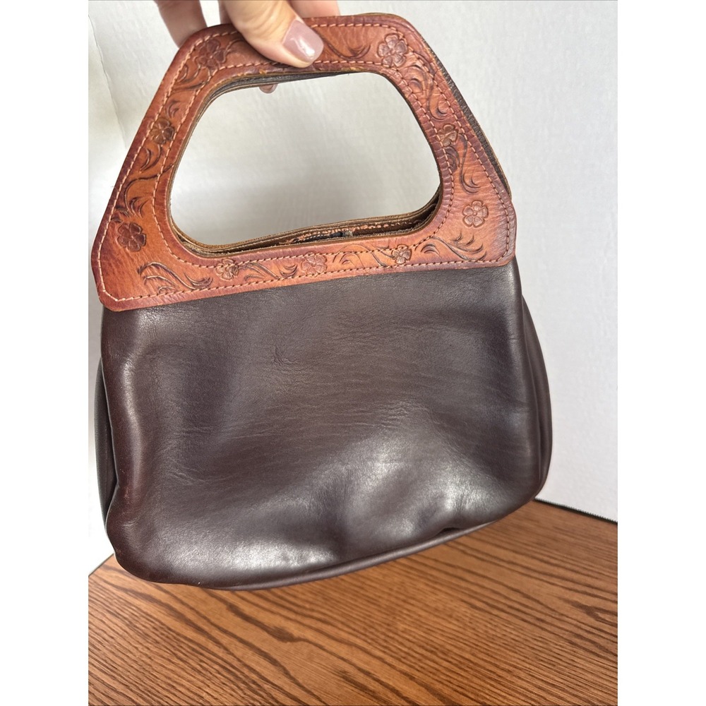 Vintage Dark Brown Leather Satchel  With Leather Embossed Handle